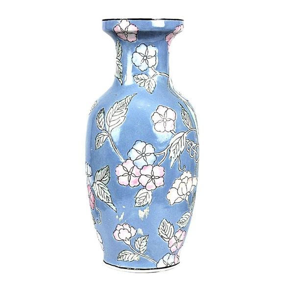 Vintage Vase Chinese Porcelain Light Blue  Floral & Bird of Paradise Cottagecore - Picture 3 of 8